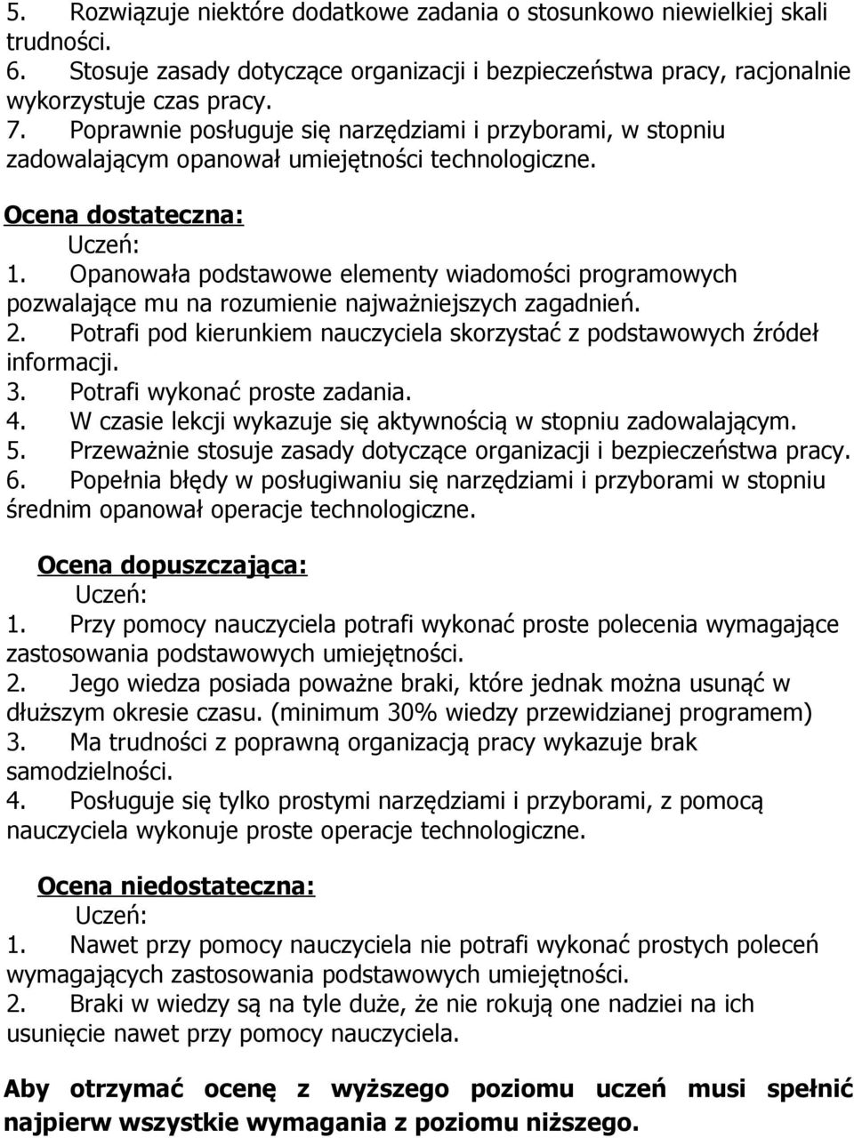 Opanowała podstawowe elementy wiadomości programowych pozwalające mu na rozumienie najważniejszych zagadnień. 2. Potrafi pod kierunkiem nauczyciela skorzystać z podstawowych źródeł informacji. 3.