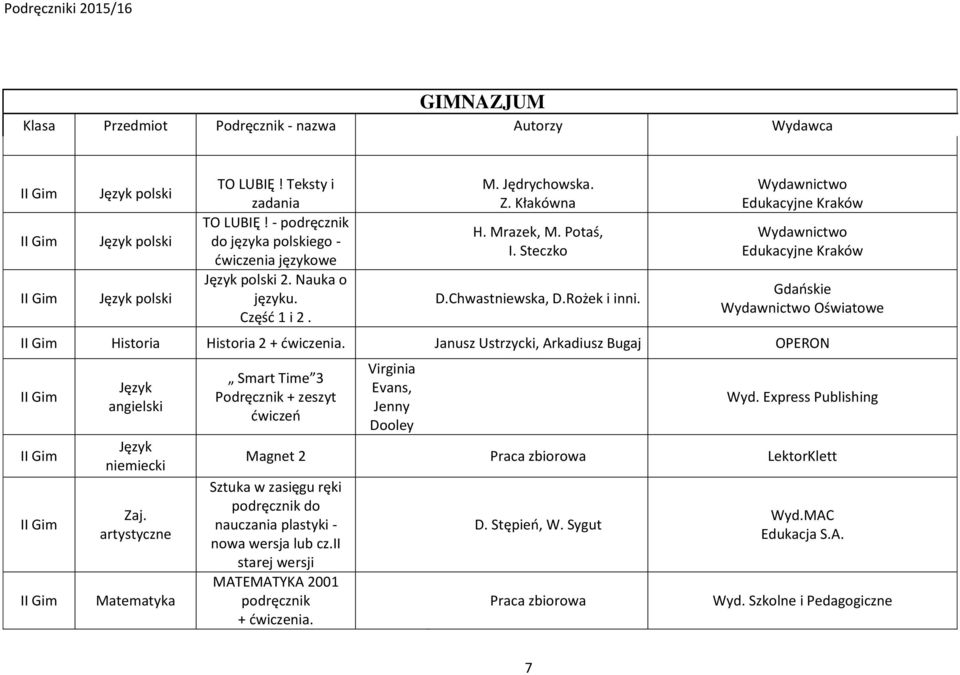 Janusz Ustrzycki, Arkadiusz Bugaj OPERON Język angielski Język niemiecki Zaj. artystyczne Matematyka Smart Time 3 Podręcznik + zeszyt ćwiczeń irginia Evans, Jenny Dooley Wyd.