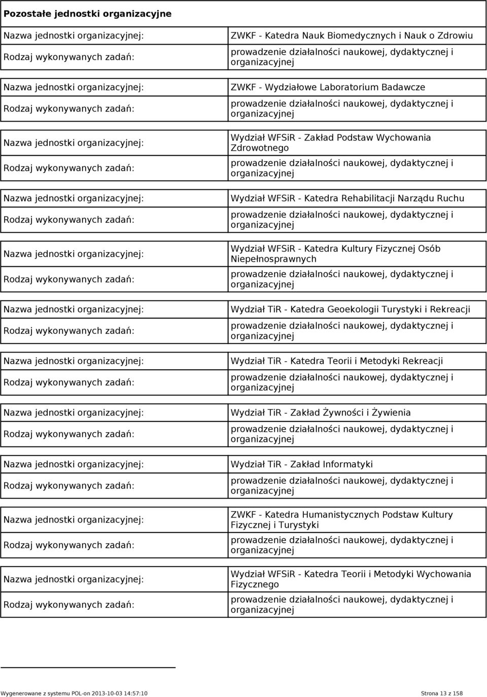 Nazwa jednostki organizacyjnej: Rodzaj  Nazwa jednostki organizacyjnej: Rodzaj wykonywanych zadań: ZWKF - Katedra Nauk Biomedycznych i Nauk o Zdrowiu prowadzenie działalności naukowej, dydaktycznej i