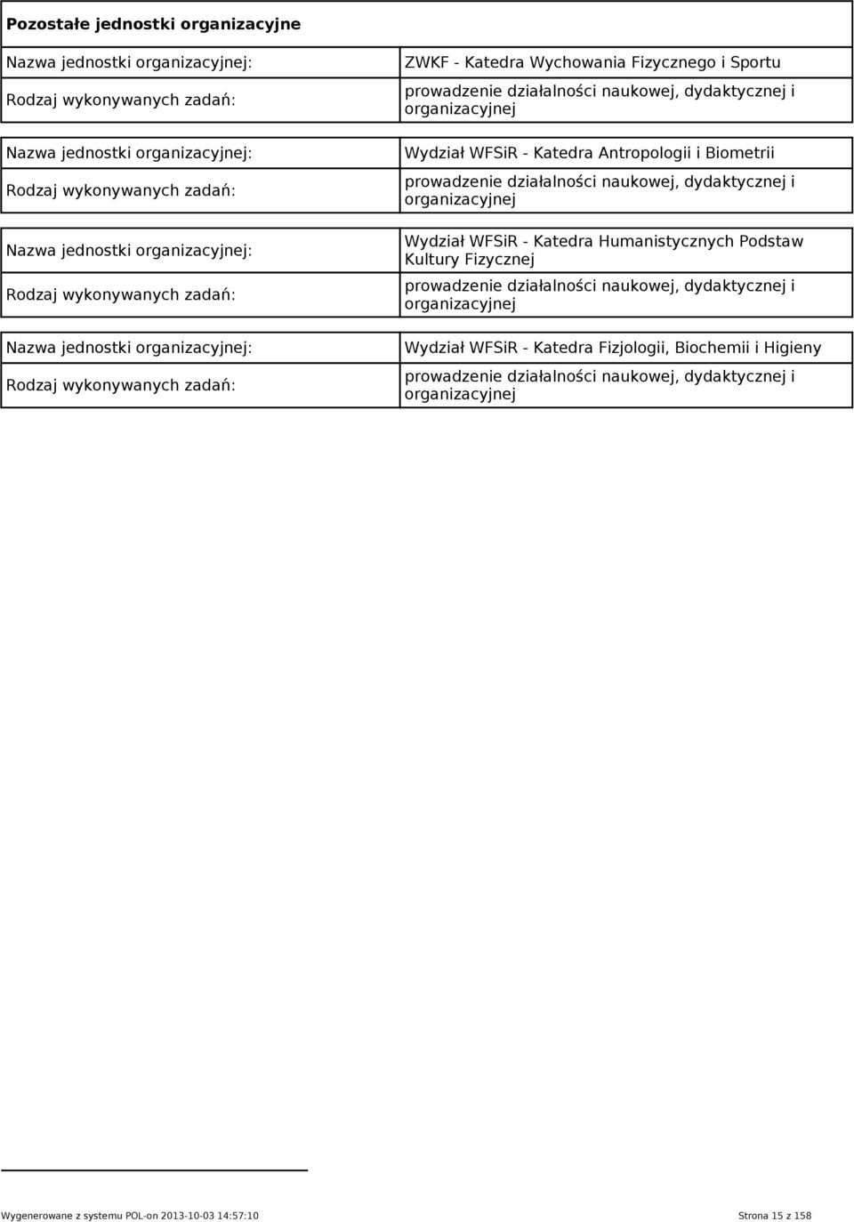 WFSiR - Katedra Antropologii i Biometrii prowadzenie działalności naukowej, dydaktycznej i organizacyjnej Wydział WFSiR - Katedra Humanistycznych Podstaw Kultury Fizycznej prowadzenie działalności