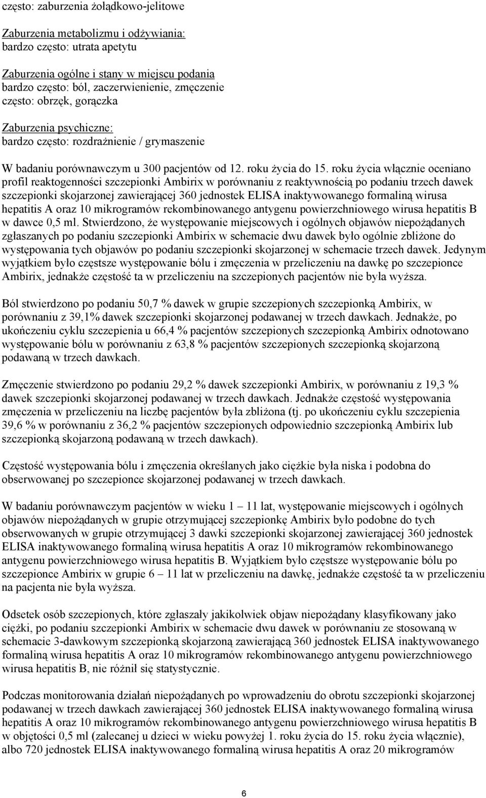 roku #ycia w$"cznie oceniano profil reaktogenno&ci szczepionki Ambirix w porównaniu z reaktywno&ci" po podaniu trzech dawek szczepionki skojarzonej zawieraj"cej 360 jednostek ELISA inaktywowanego