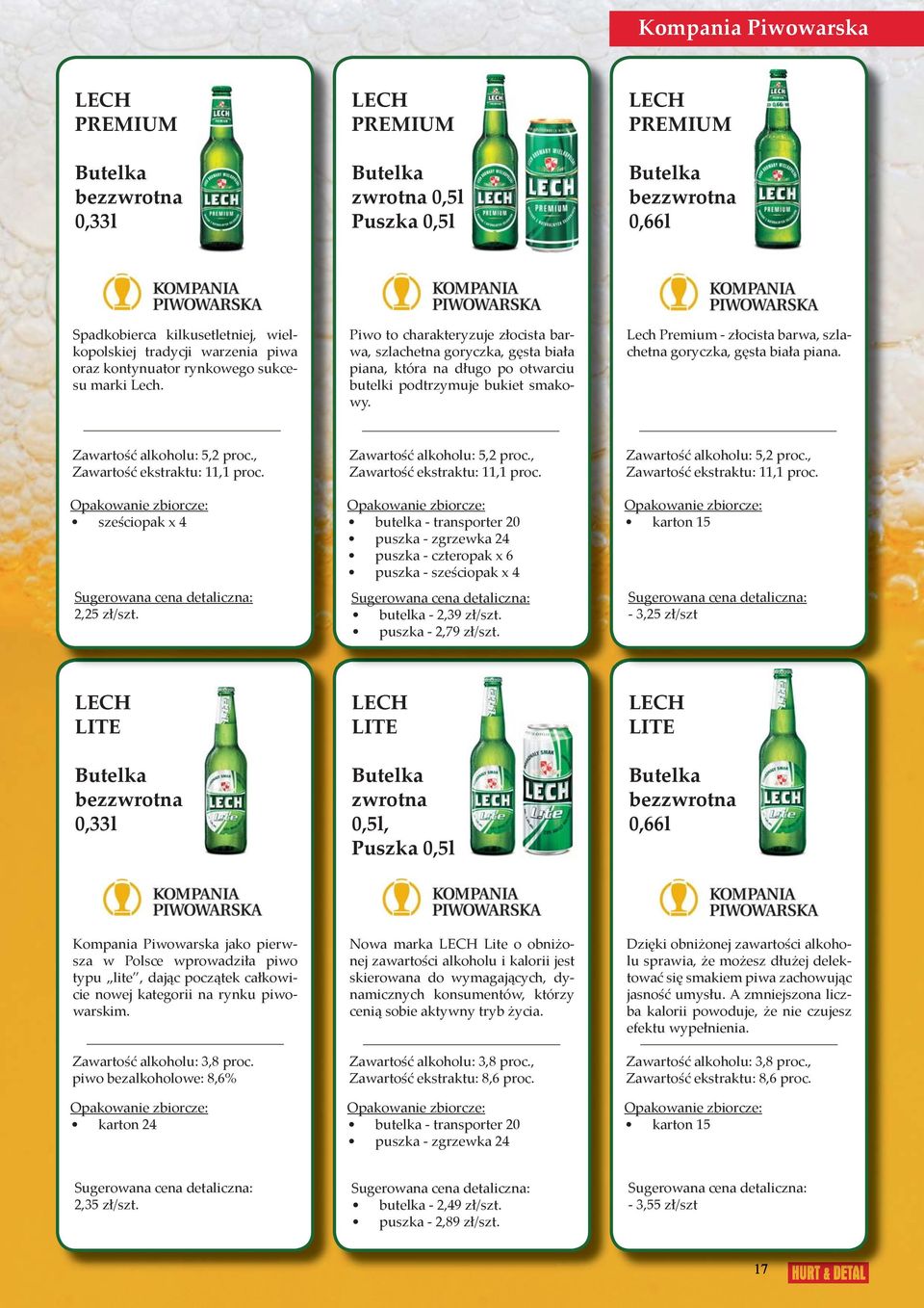 Lech Premium - złocista barwa, szlachetna goryczka, gęsta biała piana. Zawartość alkoholu: 5,2 proc., Zawartość ekstraktu: 11,1 proc.
