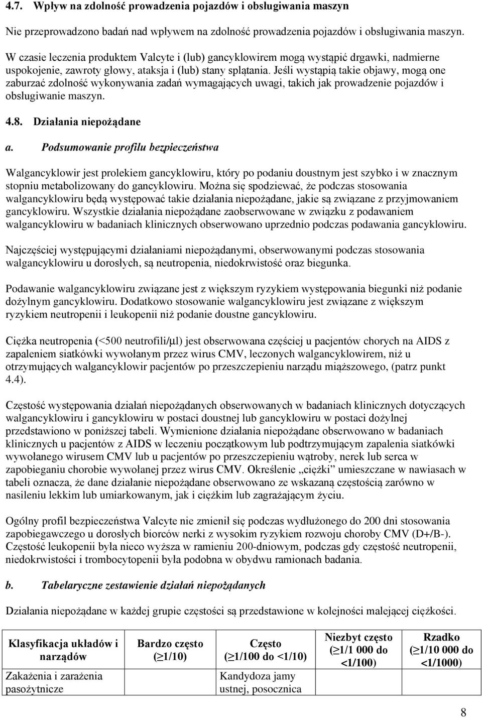 Jeśli wystąpią takie objawy, mogą one zaburzać zdolność wykonywania zadań wymagających uwagi, takich jak prowadzenie pojazdów i obsługiwanie maszyn. 4.8. Działania niepożądane a.