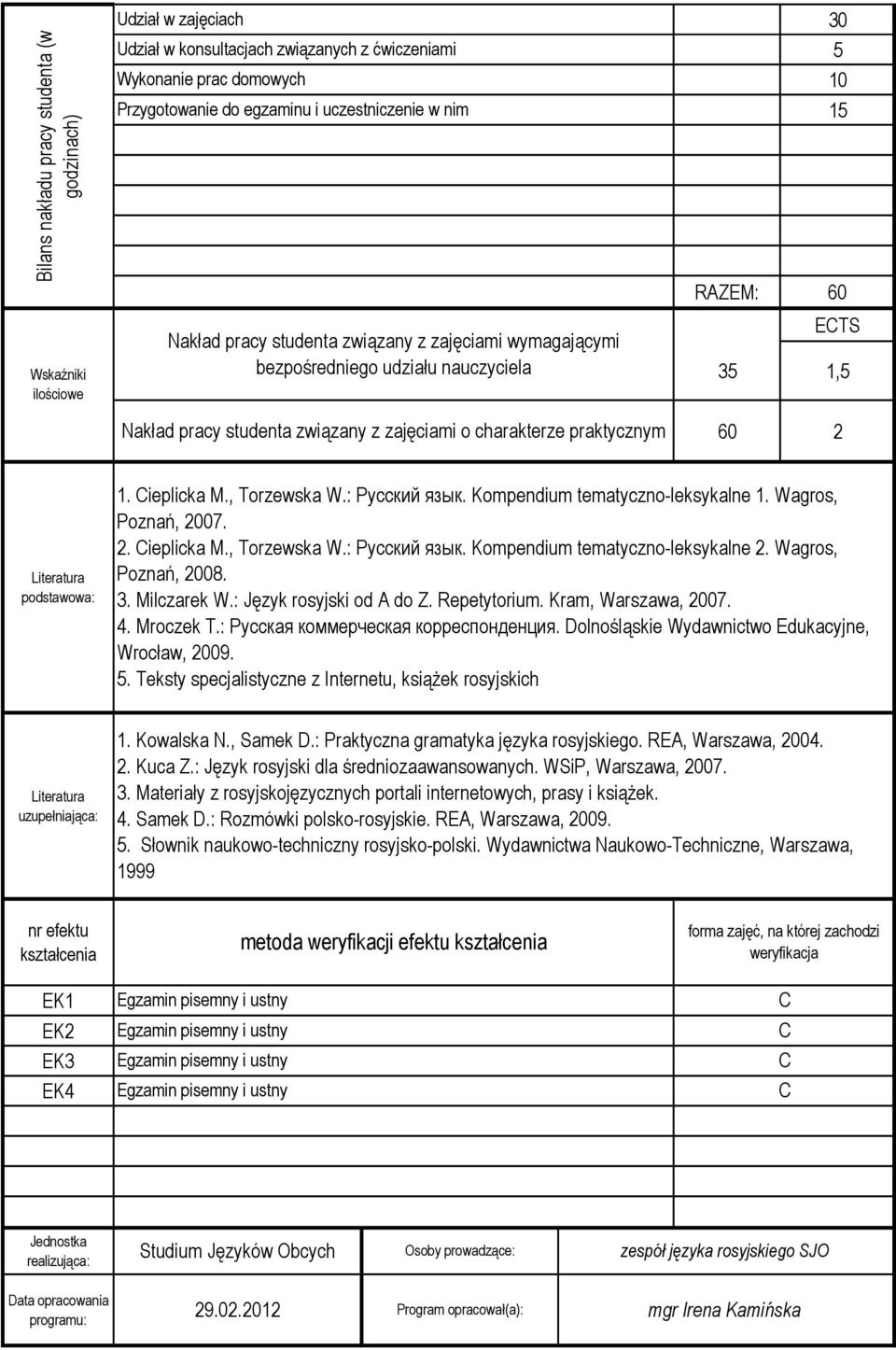 podstawowa: 1. Cieplicka M., Torzewska W.: Русский язык. Kompendium tematyczno-leksykalne 1. Wagros, Poznań, 2007. 2. Cieplicka M., Torzewska W.: Русский язык. Kompendium tematyczno-leksykalne 2.