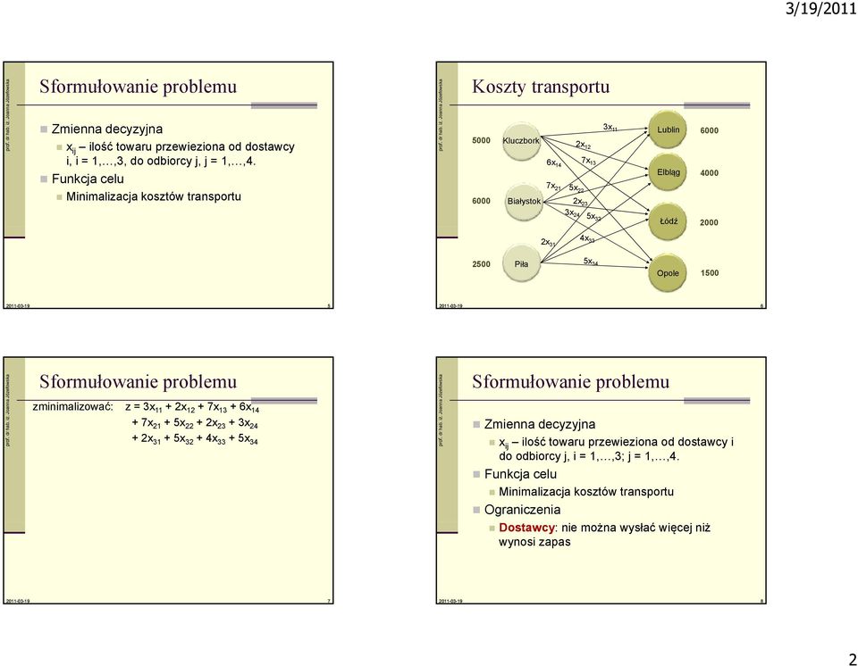 Sformułowanie problemu zminimalizować: z x + x + 7x + 6x + 7x + 5x + x + x +x +5x +x +5x Sformułowanie problemu Zmienna decyzyjna x ij ilość