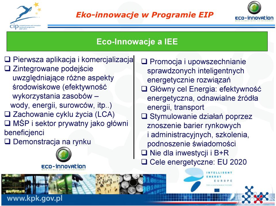 .) Zachowanie cyklu życia (LCA) MŚP i sektor prywatny jako główni beneficjenci Demonstracja na rynku Promocja i upowszechnianie sprawdzonych inteligentnych