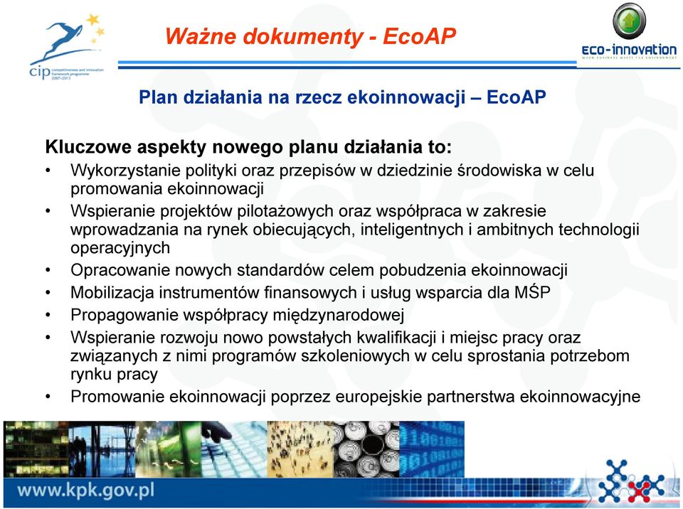 Opracowanie nowych standardów celem pobudzenia ekoinnowacji Mobilizacja instrumentów finansowych i usług wsparcia dla MŚP Propagowanie współpracy międzynarodowej Wspieranie rozwoju