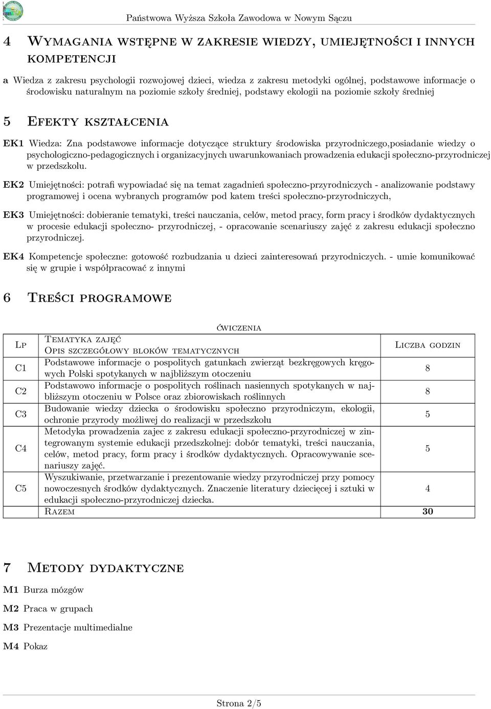 przyrodniczego,posiadanie wiedzy o psychologiczno-pedagogicznych i organizacyjnych uwarunkowaniach prowadzenia edukacji społeczno-przyrodniczej w przedszkolu.