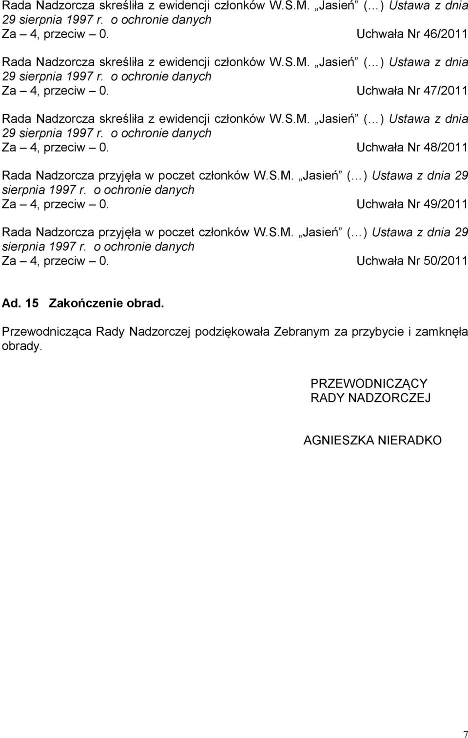 o ochronie danych Za 4, przeciw 0. Uchwała Nr 49/2011 Rada Nadzorcza przyjęła w poczet członków W.S.M.