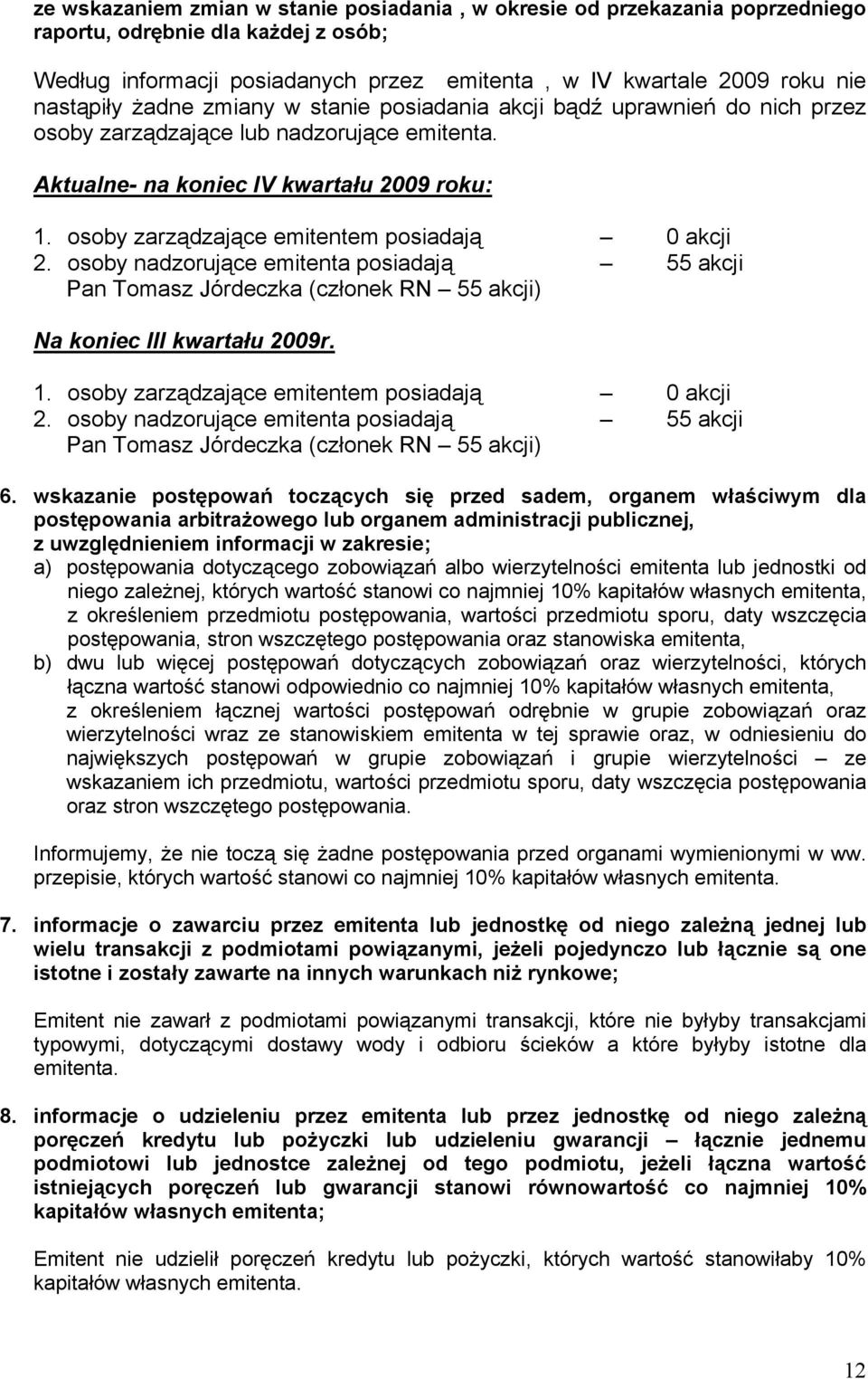 osoby zarządzające emitentem posiadają 0 akcji 2. osoby nadzorujące emitenta posiadają 55 akcji Pan Tomasz Jórdeczka (członek RN 55 akcji) Na koniec III kwartału 2009r. 1.