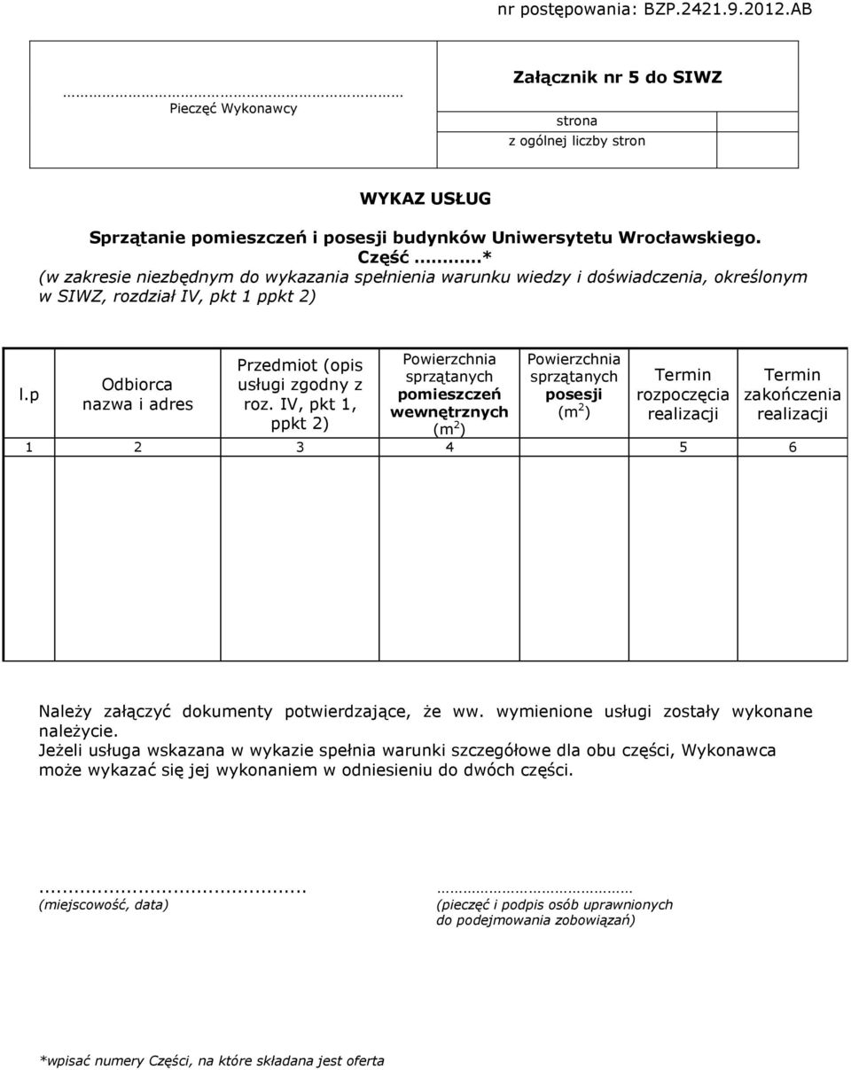 IV, pkt 1, ppkt 2) Powierzchnia sprzątanych pomieszczeń wewnętrznych (m 2 ) Powierzchnia sprzątanych posesji (m 2 ) Termin rozpoczęcia realizacji Termin zakończenia realizacji 1 2 3 4 5 6 NaleŜy