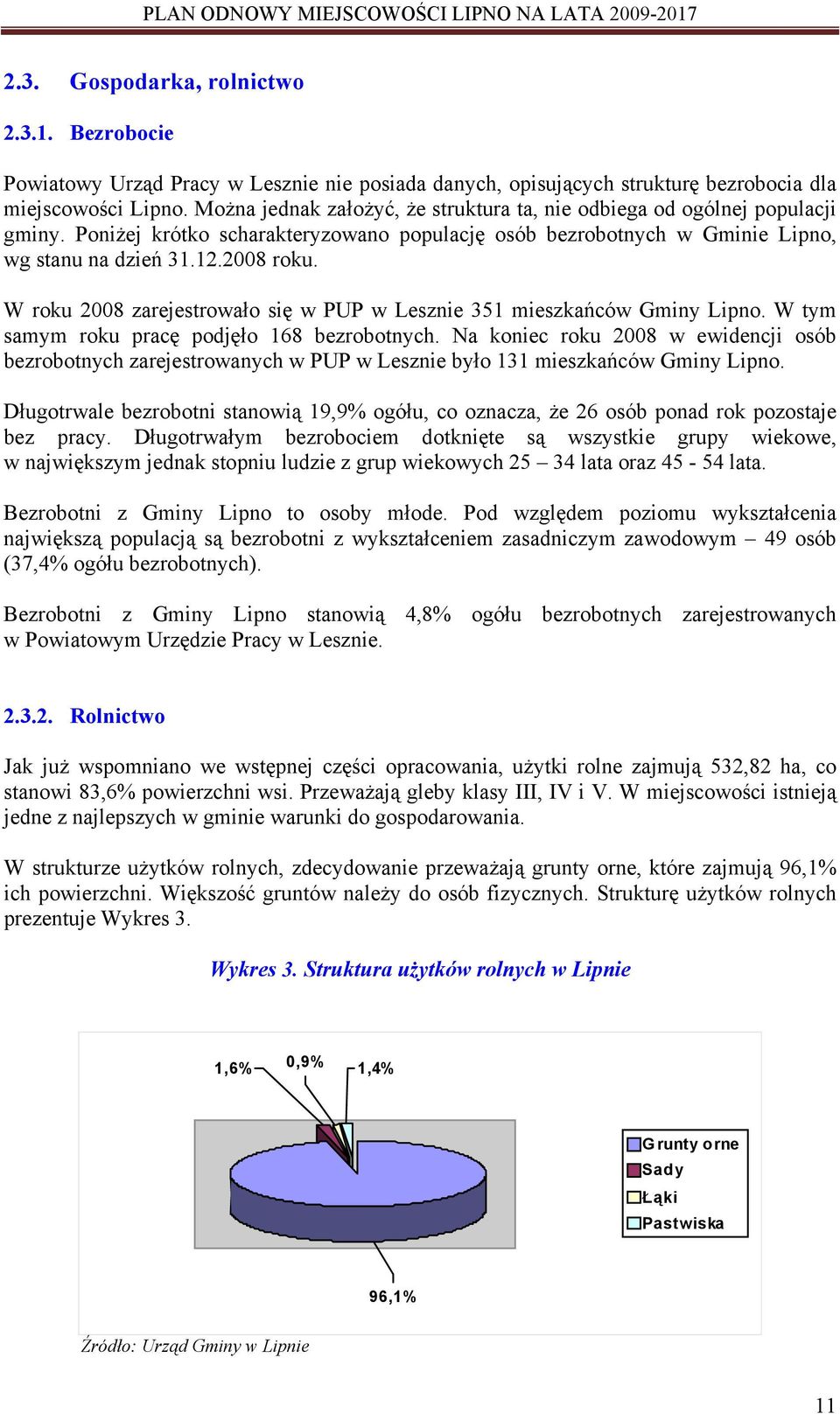 W roku 2008 zarejestrowało się w PUP w Lesznie 351 mieszkańców Gminy Lipno. W tym samym roku pracę podjęło 168 bezrobotnych.