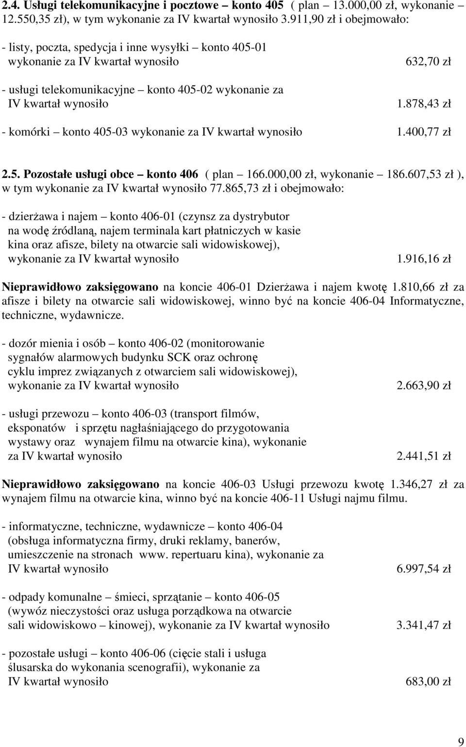 878,43 zł - komórki konto 405-03 wykonanie za 1.400,77 zł 2.5. Pozostałe usługi obce konto 406 ( plan 166.000,00 zł, wykonanie 186.607,53 zł ), w tym wykonanie za 77.