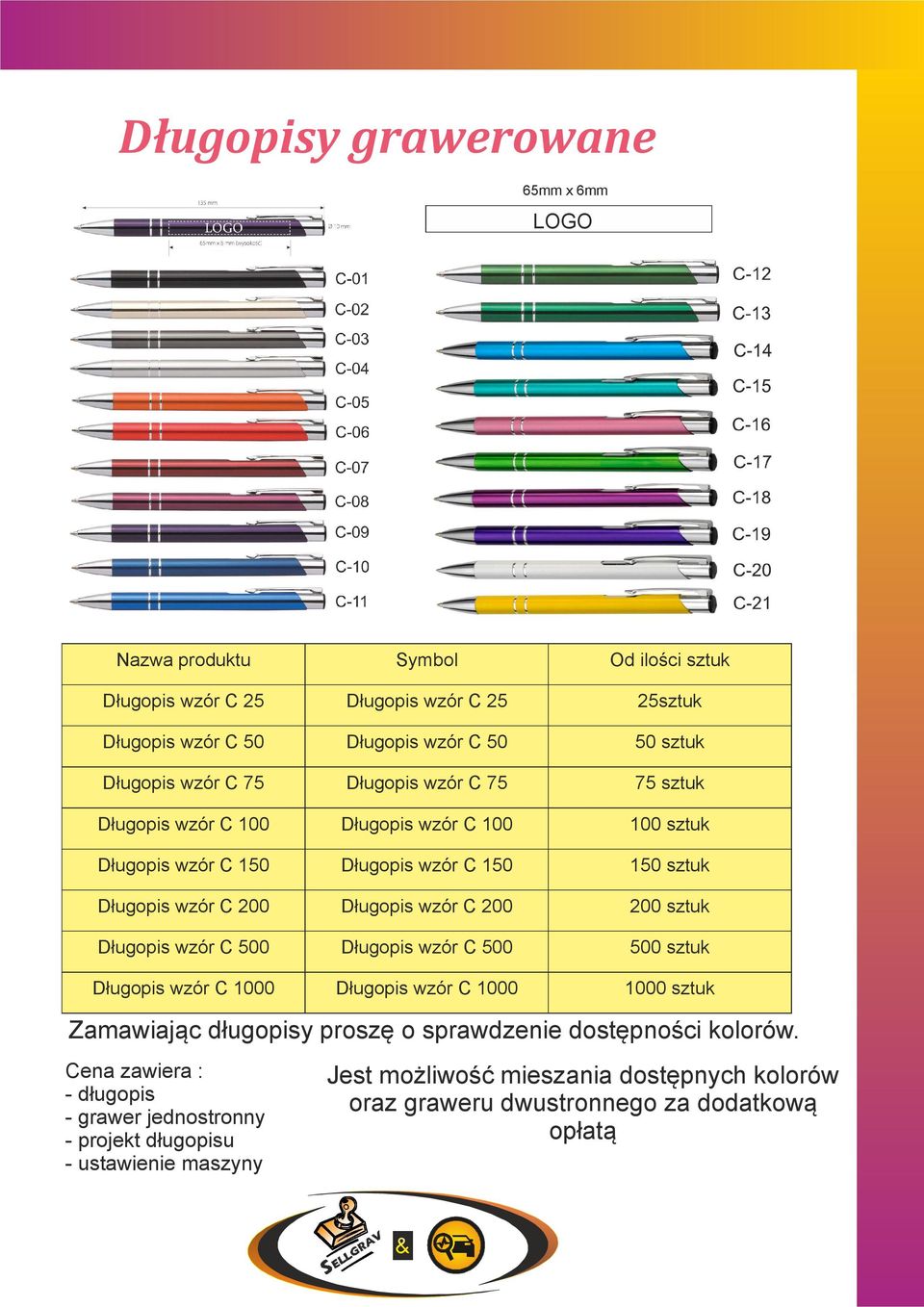 sztuk Długopis wzór C 500 Długopis wzór C 500 500 sztuk Długopis wzór C 1000 Długopis wzór C 1000 1000 sztuk Zamawiając długopisy proszę o sprawdzenie dostępności kolorów.