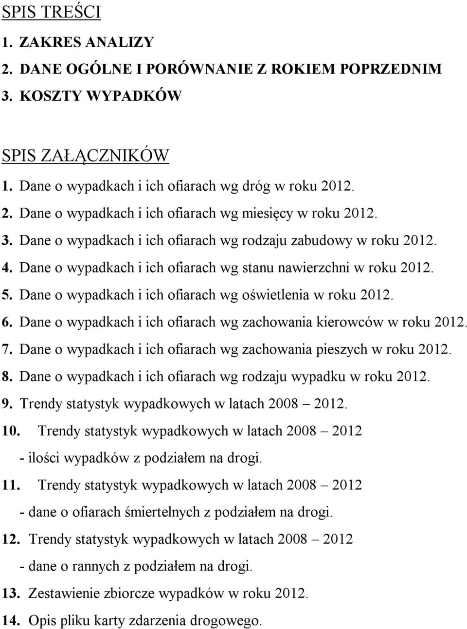 6. Dane o wypadkach i ich ofiarach wg zachowania kierowców w roku 2012. 7. Dane o wypadkach i ich ofiarach wg zachowania pieszych w roku 2012. 8.