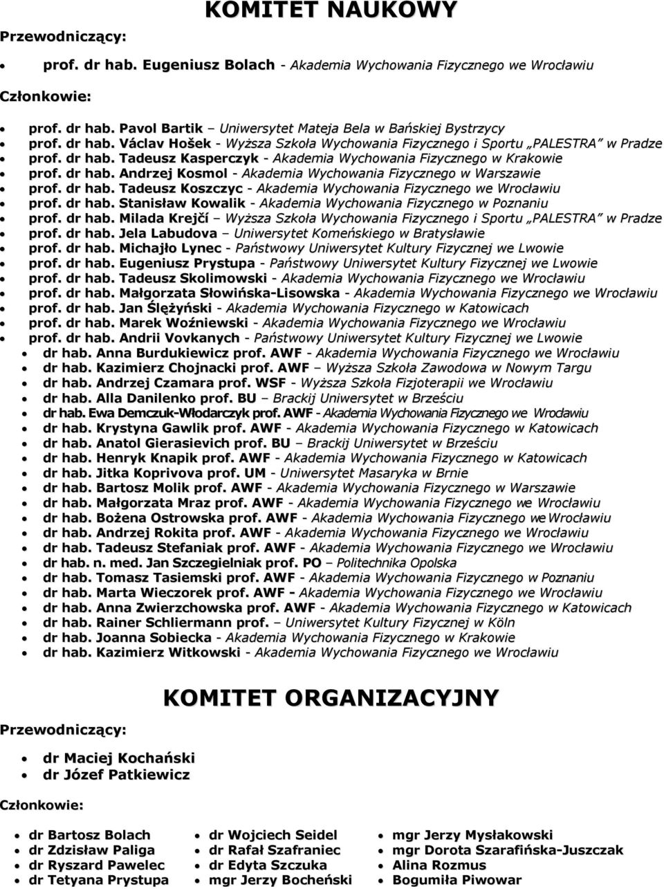 dr hab. Jela Labudova Uniwersytet Komeńskiego w Bratysławie prof. dr hab. Michajło Lynec - Państwowy Uniwersytet Kultury Fizycznej we Lwowie prof. dr hab. Eugeniusz Prystupa - Państwowy Uniwersytet Kultury Fizycznej we Lwowie prof.