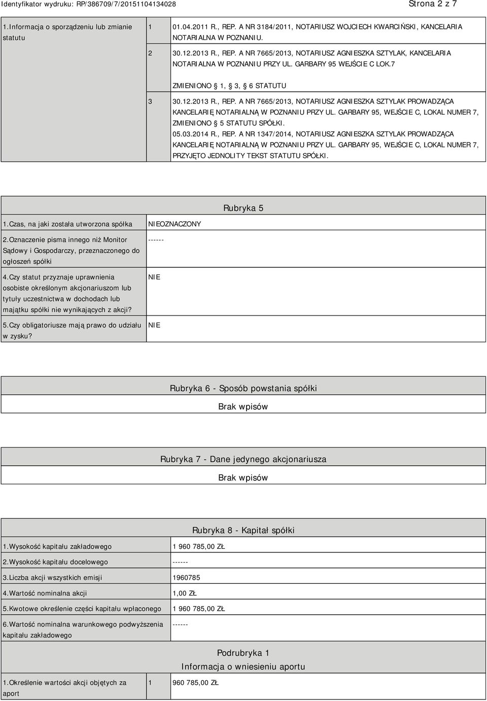 GARBARY 95, WEJŚCIE C, LOKAL NUMER 7, ZMIENIONO 5 STATUTU SPÓŁKI. 05.03.2014 R., REP. A NR 1347/2014, NOTARIUSZ AGSZKA SZTYLAK PROWADZĄCA KANCELARIĘ NOTARIALNĄ W POZNANIU PRZY UL.