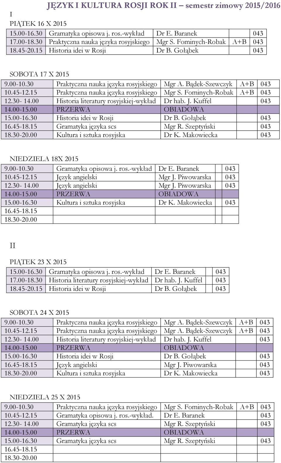 Szeptyński 043 Kultura i sztuka rosyjska Dr K. Makowiecka 043 NIEDZIELA 18X 2015 9.00-10.30 Gramatyka opisowa j. ros.-wykład Dr E. Baranek 043 12.30-14.00 Język angielski Mgr J.