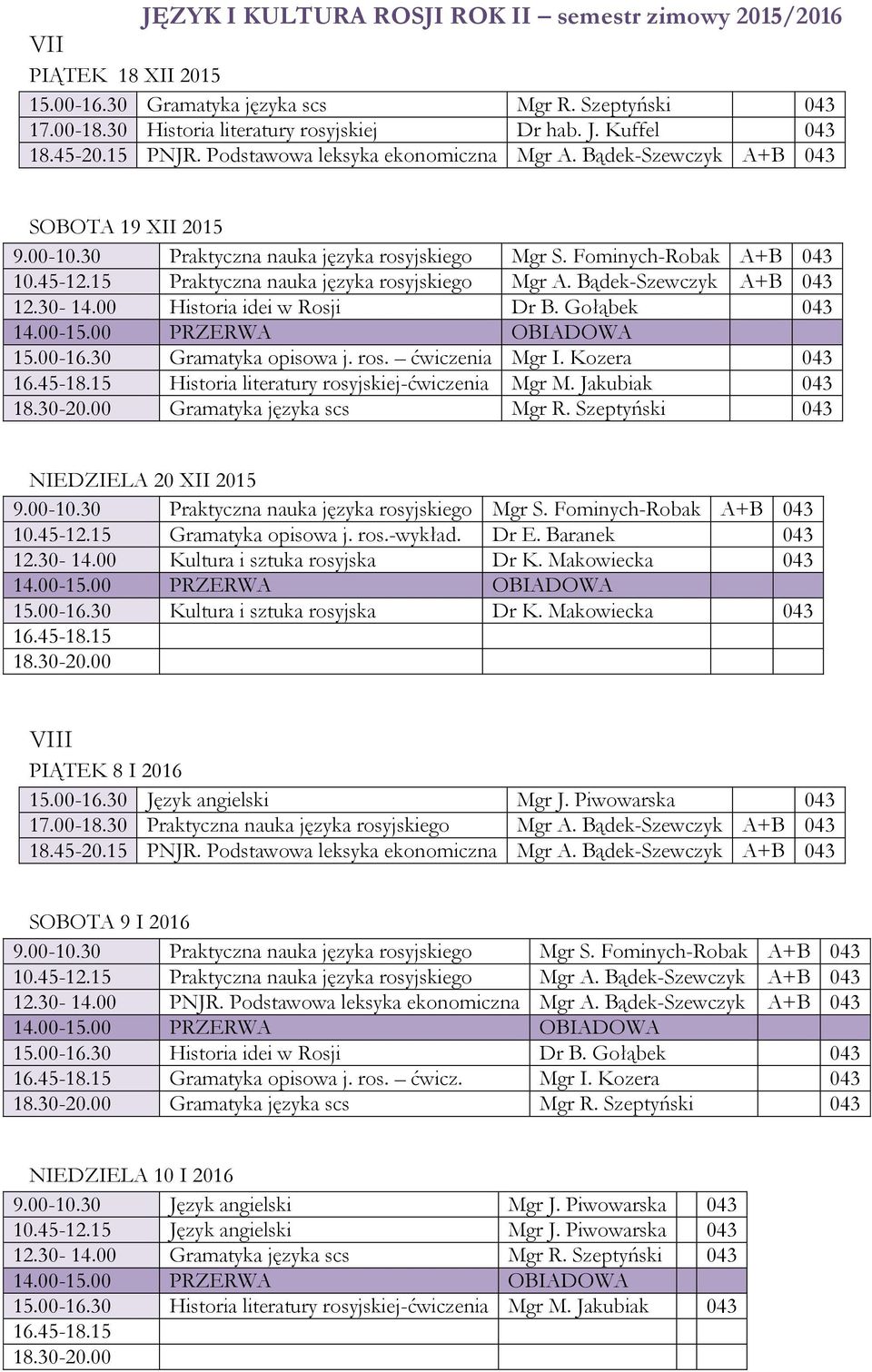 00 Kultura i sztuka rosyjska Dr K. Makowiecka 043 VIII PIĄTEK 8 I 2016 17.00-18.30 Praktyczna nauka języka rosyjskiego Mgr A. Bądek-Szewczyk A+B 043 18.45-20.15 PNJR.