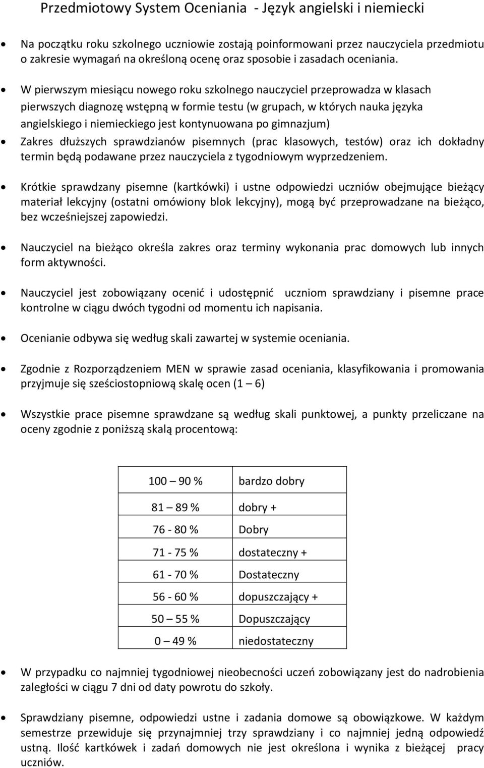 W pierwszym miesiącu nowego roku szkolnego nauczyciel przeprowadza w klasach pierwszych diagnozę wstępną w formie testu (w grupach, w których nauka języka angielskiego i niemieckiego jest