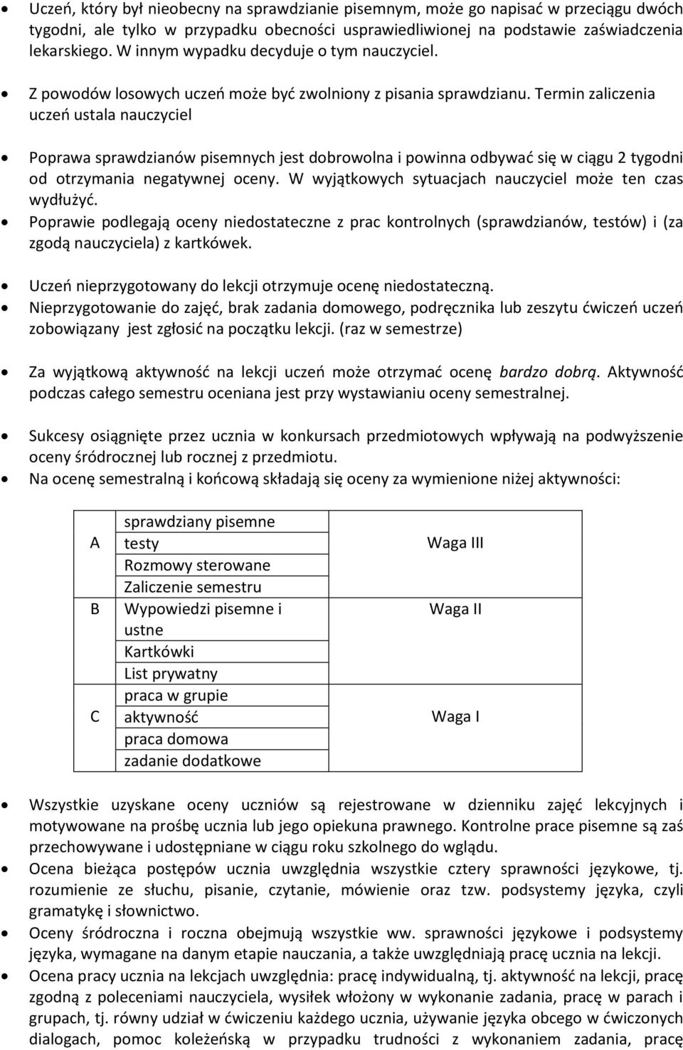 Termin zaliczenia uczeń ustala nauczyciel Poprawa sprawdzianów pisemnych jest dobrowolna i powinna odbywać się w ciągu 2 tygodni od otrzymania negatywnej oceny.