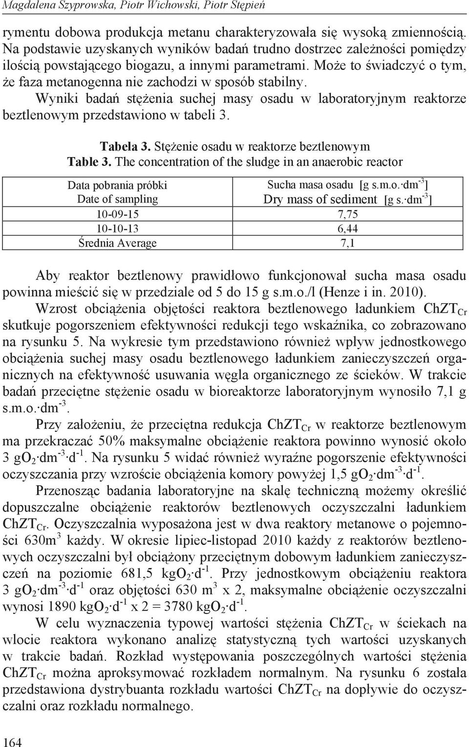 Wyniki bada st enia suchej masy osadu w laboratoryjnym reaktorze beztlenowym przedstawiono w tabeli 3. Tabela 3. St enie osadu w reaktorze beztlenowym Table 3.