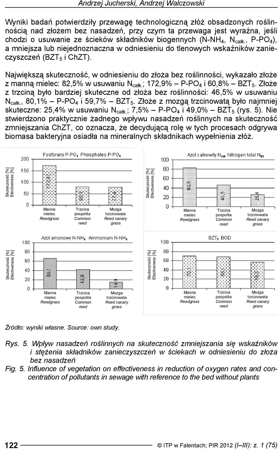 Największą skuteczność, w odniesieniu do złoża bez roślinności, wykazało złoże z manną : 82,5% w usuwaniu N całk. ; 172,9% P-PO 4 i 60,8% BZT 5.