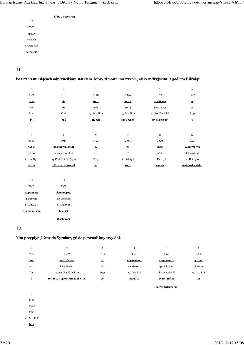 0 µετα τρεις µηνας ανηχθηµεν εν meta tres mēnas anēchtēmen en a_ Acc Pl m n_ Acc Pl m v Aor Pas Pl Po trzech mesęcach wypłynęlśmy na 0 0 πλω παρακεχειµακοτι εν τη νησω αλεξανδρινω ploō parakechemakot
