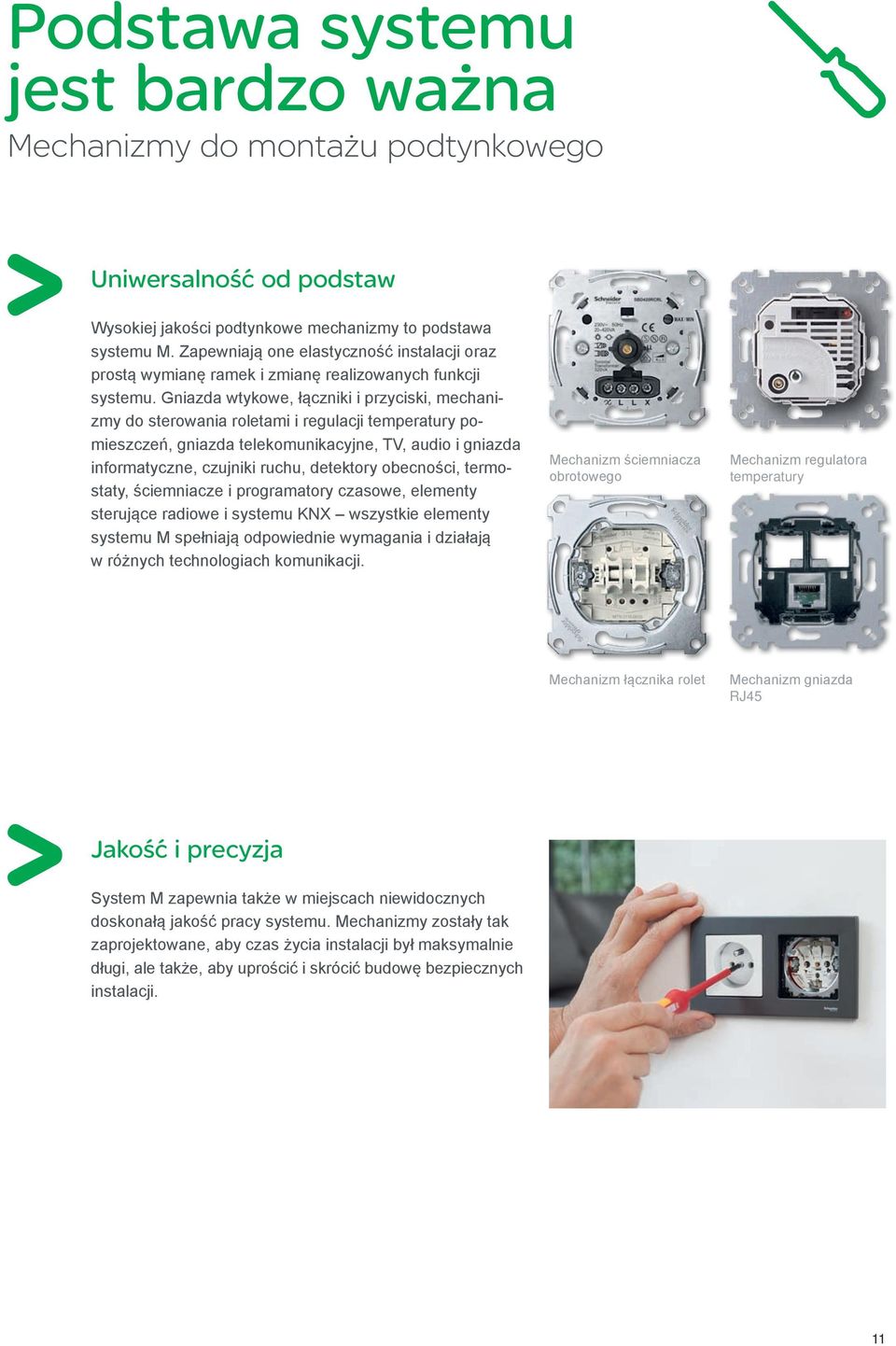 Gniazda wtykowe, łączniki i przyciski, mechanizmy do sterowania roletami i regulacji temperatury pomieszczeń, gniazda telekomunikacyjne, TV, audio i gniazda informatyczne, czujniki ruchu, detektory