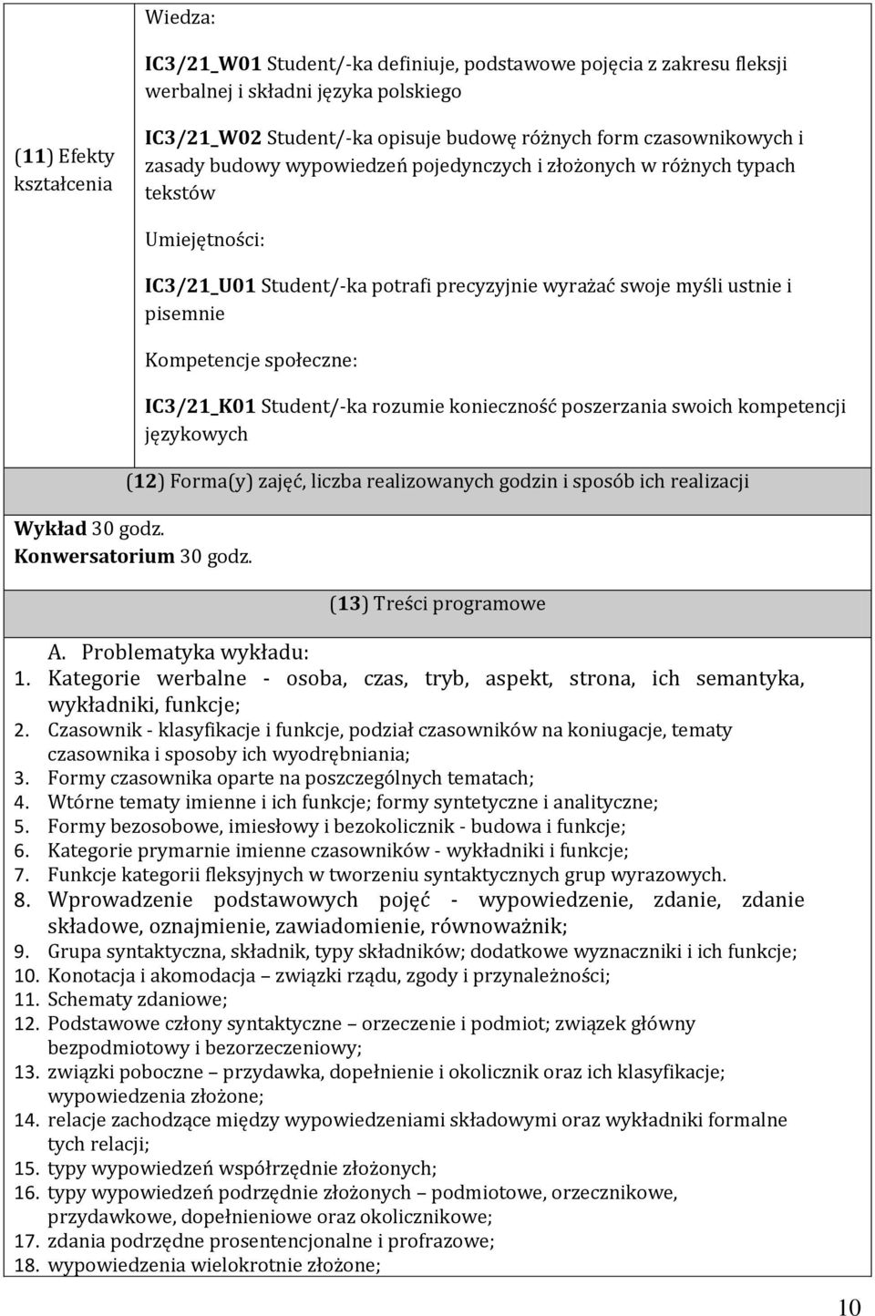poszerzania swoich kompetencji językowych (12) Forma(y) zajęć, liczba realizowanych godzin i sposób ich realizacji Wykład 30 godz. Konwersatorium 30 godz. (13) Treści programowe A.