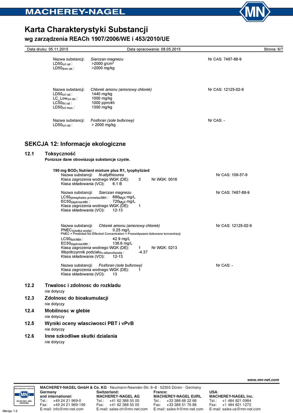 ekologiczne 12.1 Toksyczność Ponizsze dane obowiazuja substancje czyste. Nazwa substancji: Nallylthiourea Nr CAS: 109579 Klasa zagrożenia wodnego WGK (DE): 3 Nr WGK: 0016 Klasa składowania (VCl): 6.