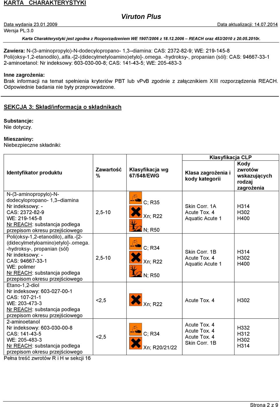 zgodnie z załącznikiem XIII rozporządzenia REACH. Odpowiednie badania nie były przeprowadzone. SEKCJA 3: Skład/informacja o składnikach Substancje: Nie dotyczy.