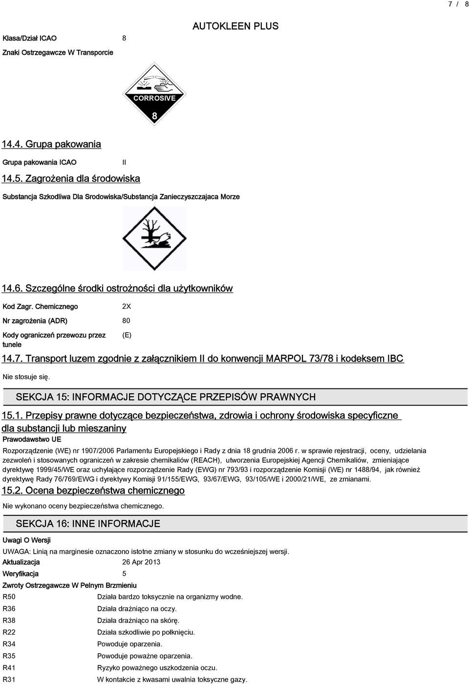 Chemicznego 2X Nr zagrożenia (ADR) 0 Kody ograniczeń przewozu przez tunele (E) 14.7.