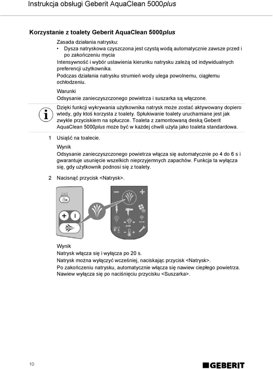 Warunki Odsysanie zanieczyszczonego powietrza i suszarka są włączone. Dzięki funkcji wykrywania użytkownika natrysk może zostać aktywowany dopiero wtedy, gdy ktoś korzysta z toalety.