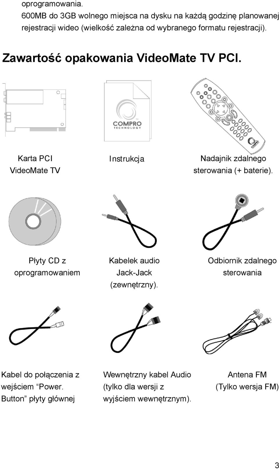 rejestracji). Zawartość opakowania VideoMate TV PCI. Karta PCI VideoMate TV Instrukcja Nadajnik zdalnego sterowania (+ baterie).