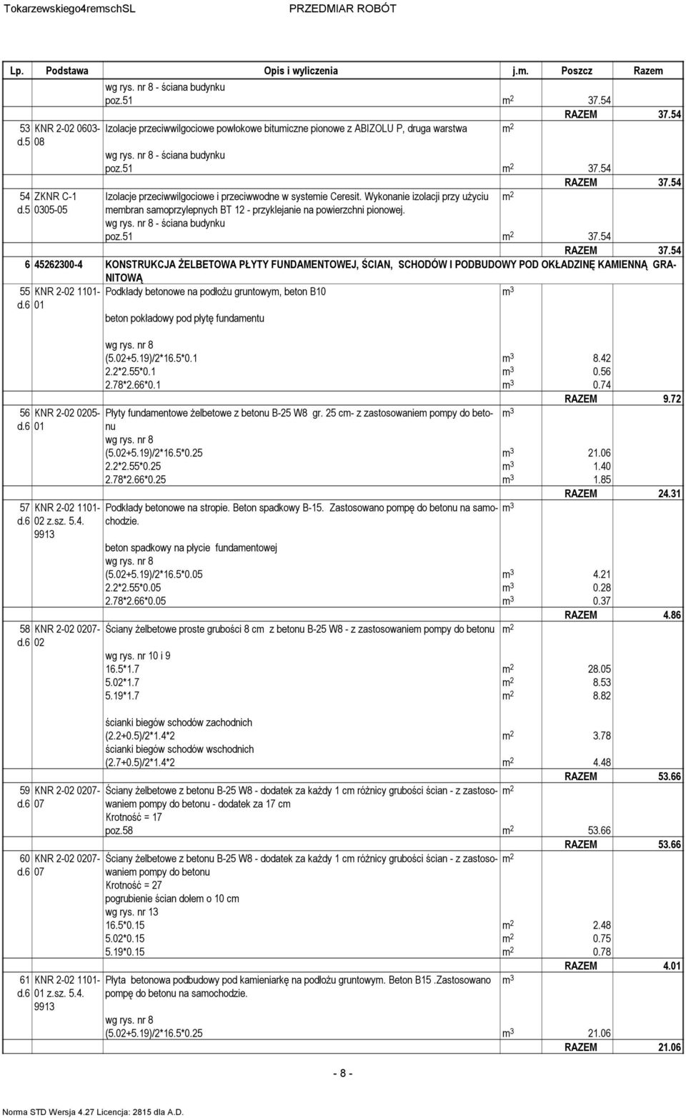 54 6 45262300-4 KONSTRUKCJA ŻELBETOWA PŁYTY FUNDAMENTOWEJ, ŚCIAN, SCHODÓW I PODBUDOWY POD OKŁADZINĘ KAMIENNĄ GRA- NITOWĄ 55 KNR 2-02 1101- Podkłady betonowe na podłożu gruntowym, beton B10 m 3 d.