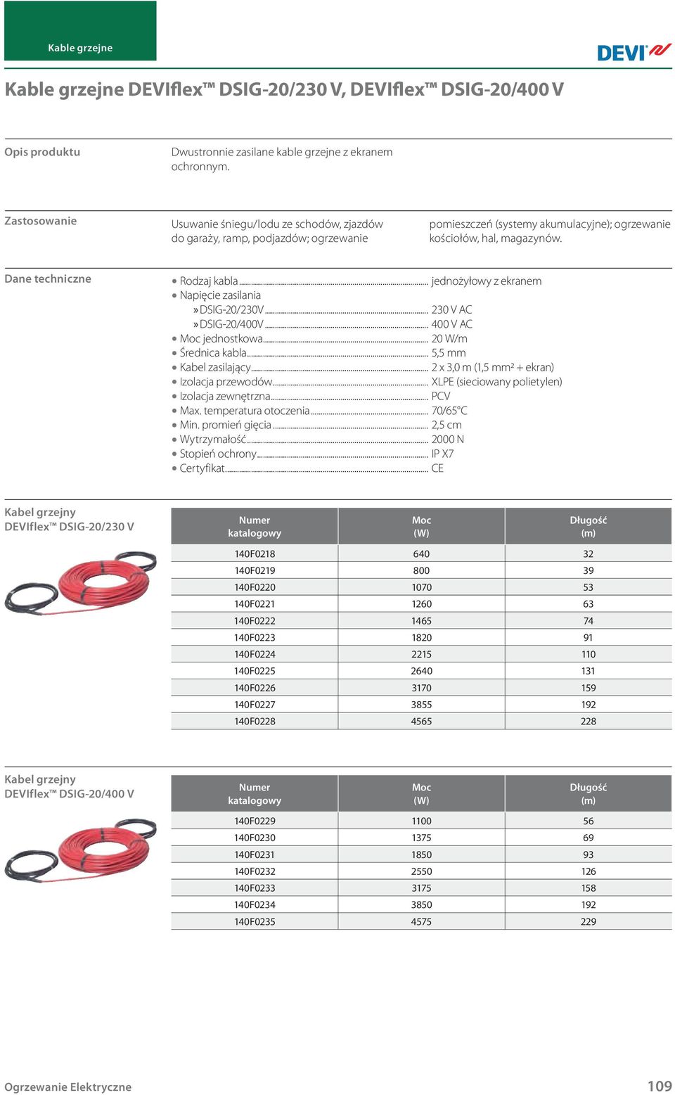 .. jednożyłowy z ekranem Napięcie zasilania» DSIG-20/230V... 230 V AC» DSIG-20/400V... 400 V AC jednostkowa... 20 W/m Średnica kabla... 5,5 mm Kabel zasilający.