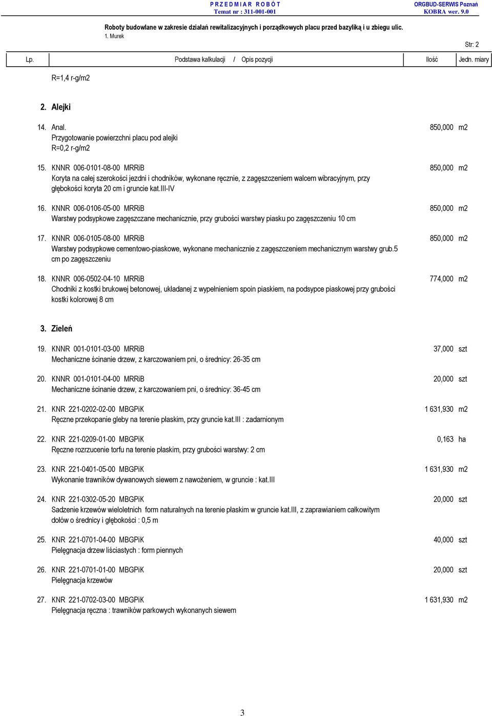 KNNR 006-0106-05-00 MRRiB 850,000 m2 Warstwy podsypkowe zagęszczane mechanicznie, przy grubości warstwy piasku po zagęszczeniu 10 cm 17.