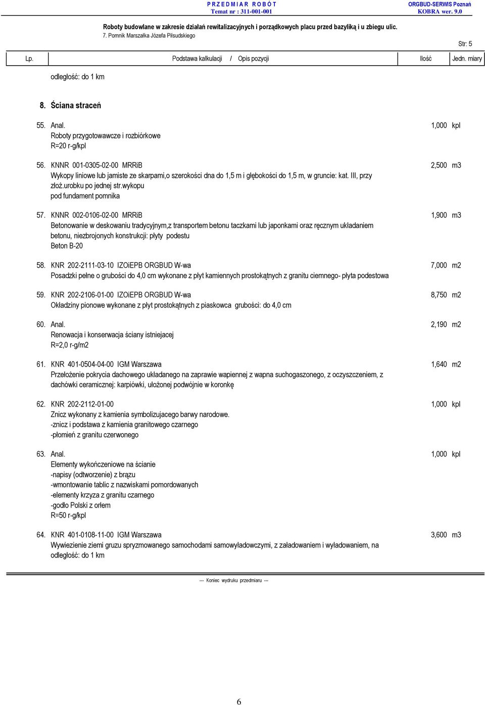 58. KNR 202-2111-03-10 IZOiEPB ORGBUD W-wa 7,000 m2 Posadzki pełne o grubości do 4,0 cm wykonane z płyt kamiennych prostokątnych z granitu ciemnego- płyta podestowa 59.
