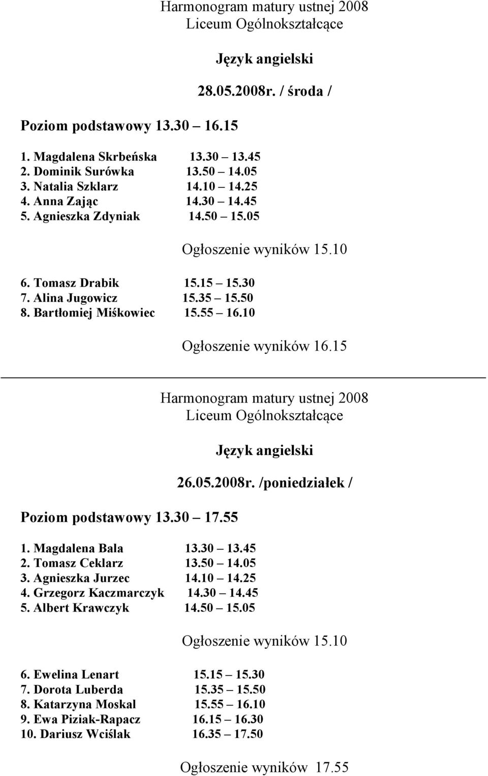 55 1. Magdalena Bala 13.30 13.45 2. Tomasz Ceklarz 13.50 14.05 3. Agnieszka Jurzec 14.10 14.25 4. Grzegorz Kaczmarczyk 14.30 14.45 5. Albert Krawczyk 14.50 15.05 26.05.2008r.