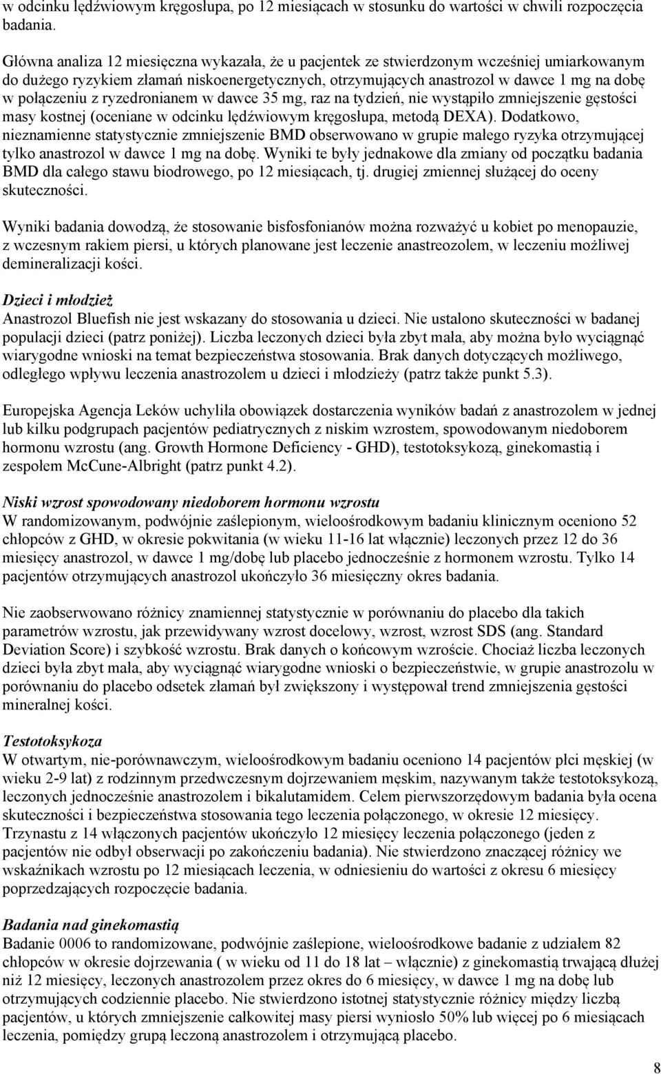 z ryzedronianem w dawce 35 mg, raz na tydzień, nie wystąpiło zmniejszenie gęstości masy kostnej (oceniane w odcinku lędźwiowym kręgosłupa, metodą DEXA).