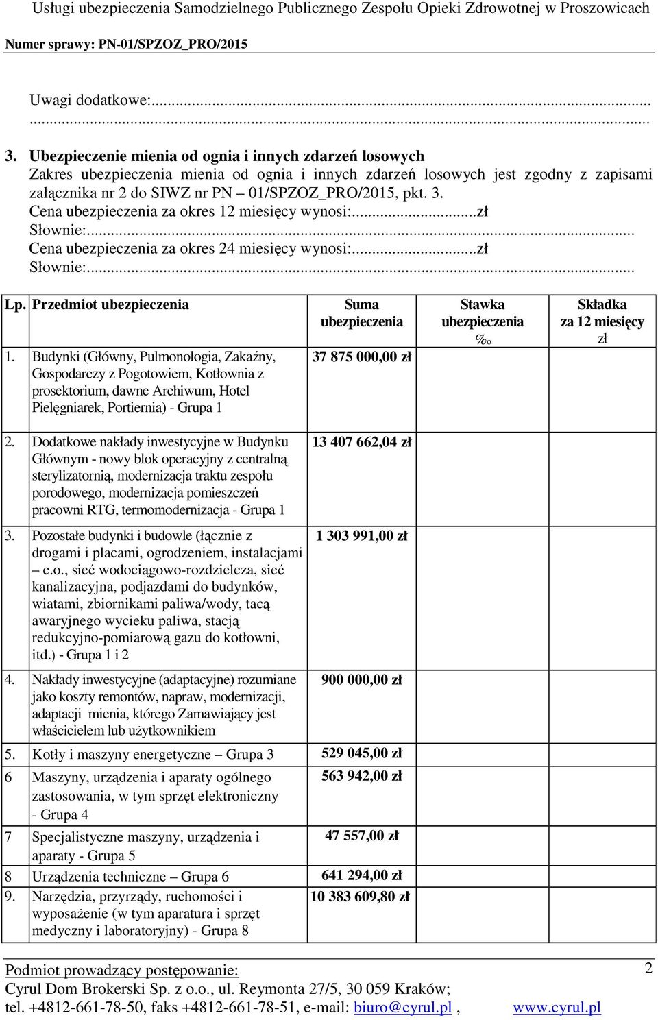 ... Cena ubezpieczenia za okres 24 miesięcy wynosi:...... Lp. Przedmiot ubezpieczenia 1.