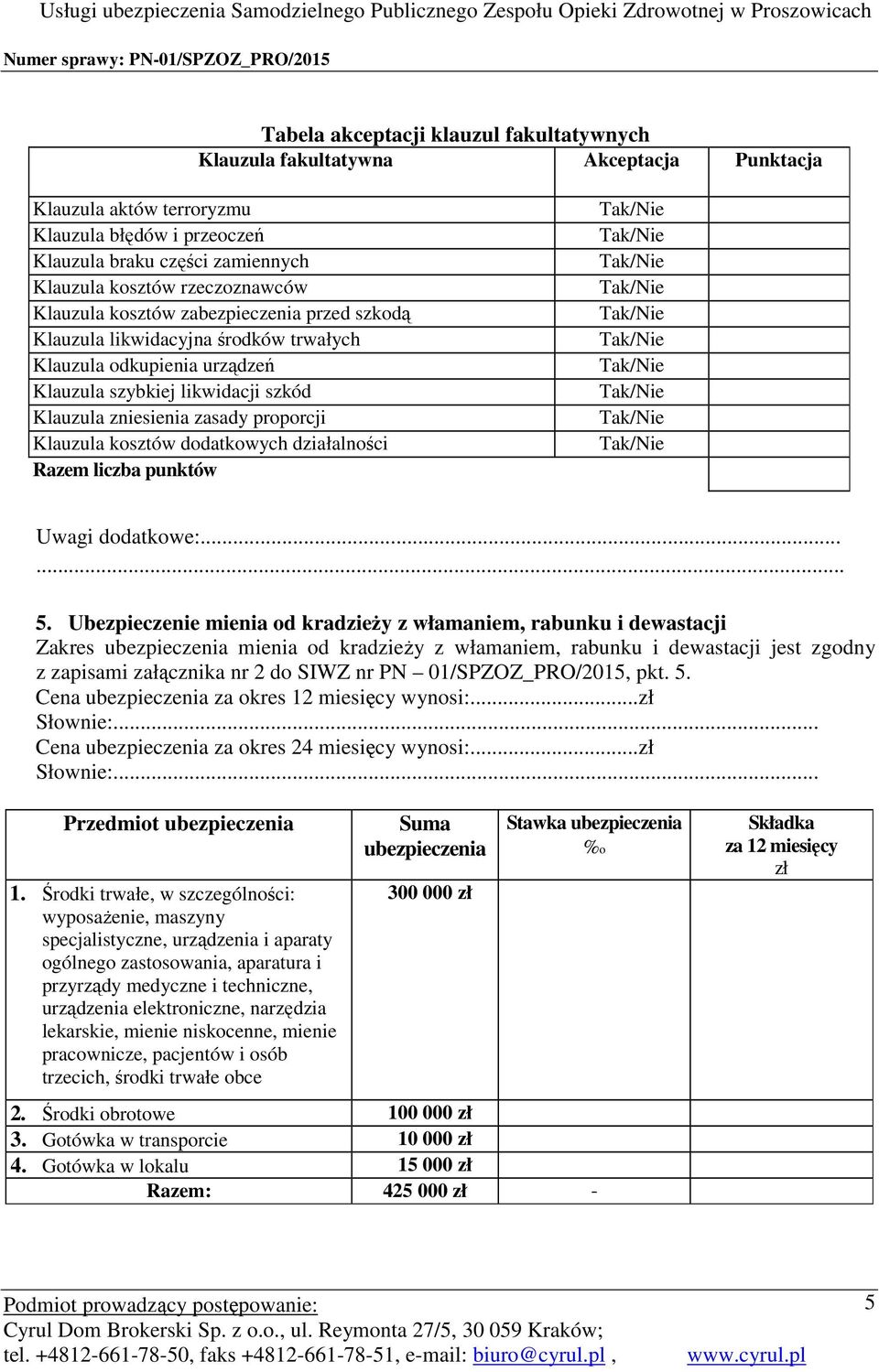Ubezpieczenie mienia od kradzieży z włamaniem, rabunku i dewastacji Zakres ubezpieczenia mienia od kradzieży z włamaniem, rabunku i dewastacji jest zgodny z zapisami załącznika nr 2 do SIWZ nr PN