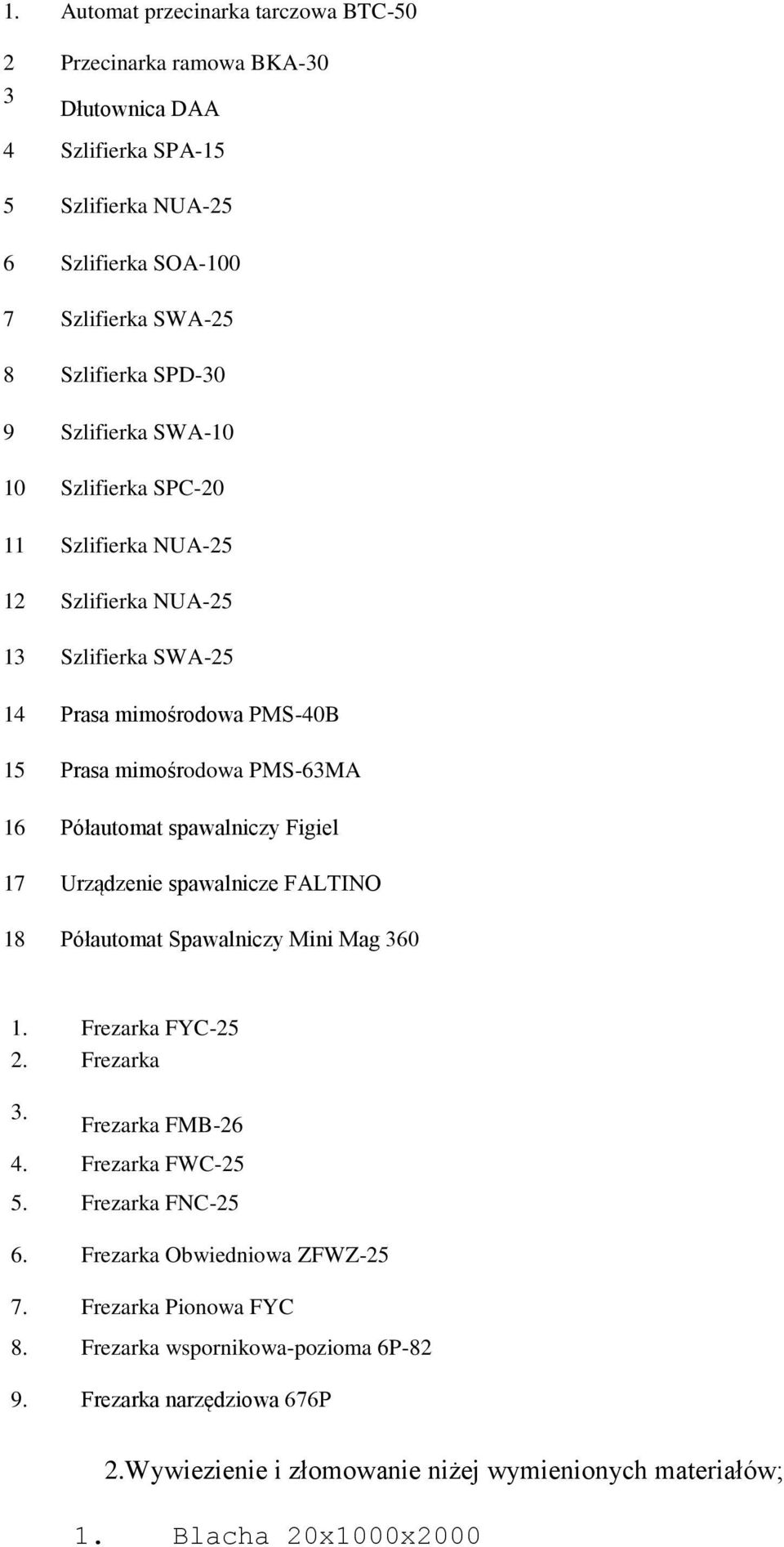 Figiel 17 Urządzenie spawalnicze FALTINO 18 Półautomat Spawalniczy Mini Mag 360 1. Frezarka FYC-25 2. Frezarka 3. Frezarka FMB-26 4. Frezarka FWC-25 5. Frezarka FNC-25 6.