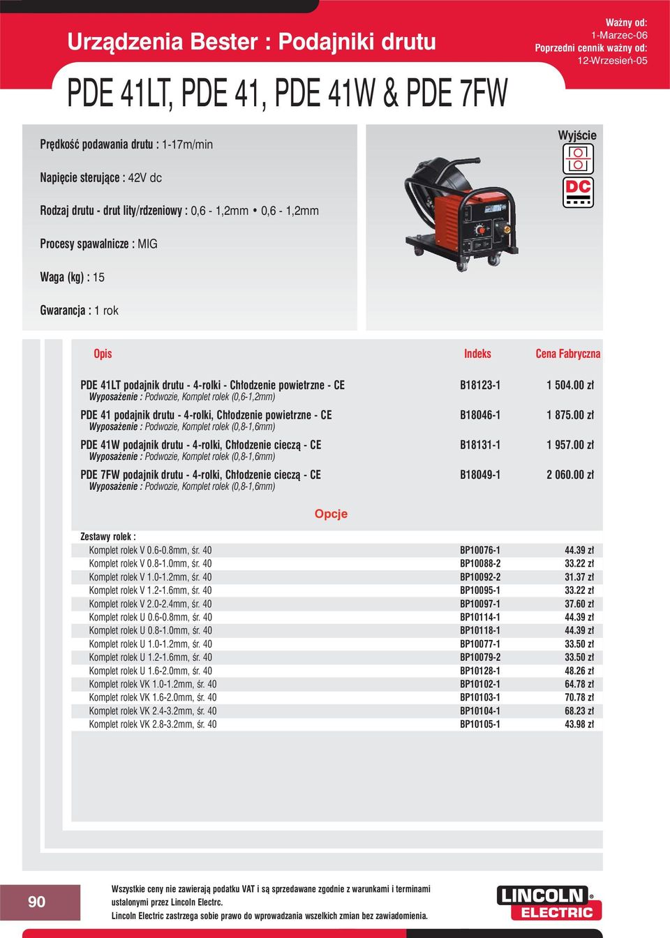 00 z Wyposa enie : Podwozie, Komplet rolek (0,6-1,2mm) PDE 41 podajnik drutu - 4-rolki, Ch odzenie powietrzne - CE B18046-1 1 875.