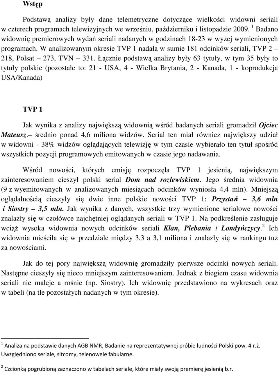 W analizowanym okresie TVP 1 nadała w sumie 181 odcinków seriali, TVP 2 218, Polsat 273, TVN 331.