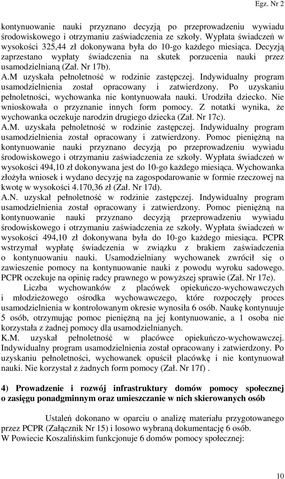 Indywidualny program usamodzielnienia został opracowany i zatwierdzony. Po uzyskaniu pełnoletności, wychowanka nie kontynuowała nauki. Urodziła dziecko.