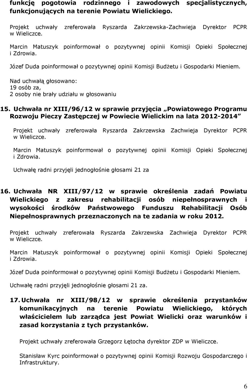 19 osób za, 2 osoby nie brały udziału w głosowaniu 15.