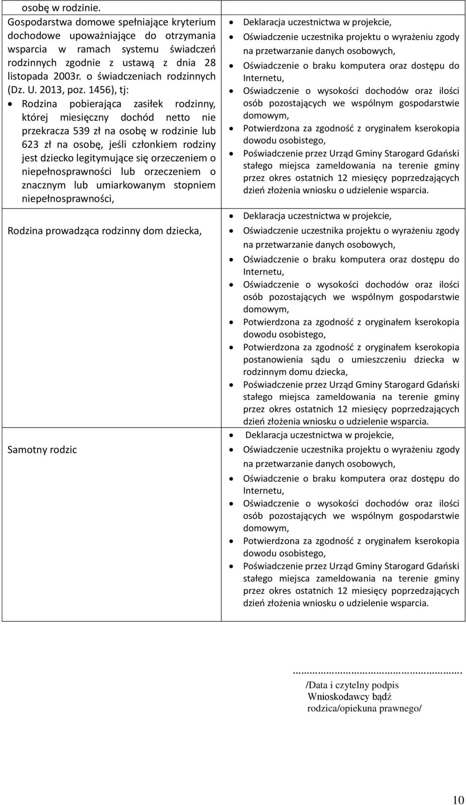 1456), tj: Rodzina pobierająca zasiłek rodzinny, której miesięczny dochód netto nie przekracza 539 zł na osobę w rodzinie lub 623 zł na osobę, jeśli członkiem rodziny jest dziecko legitymujące się