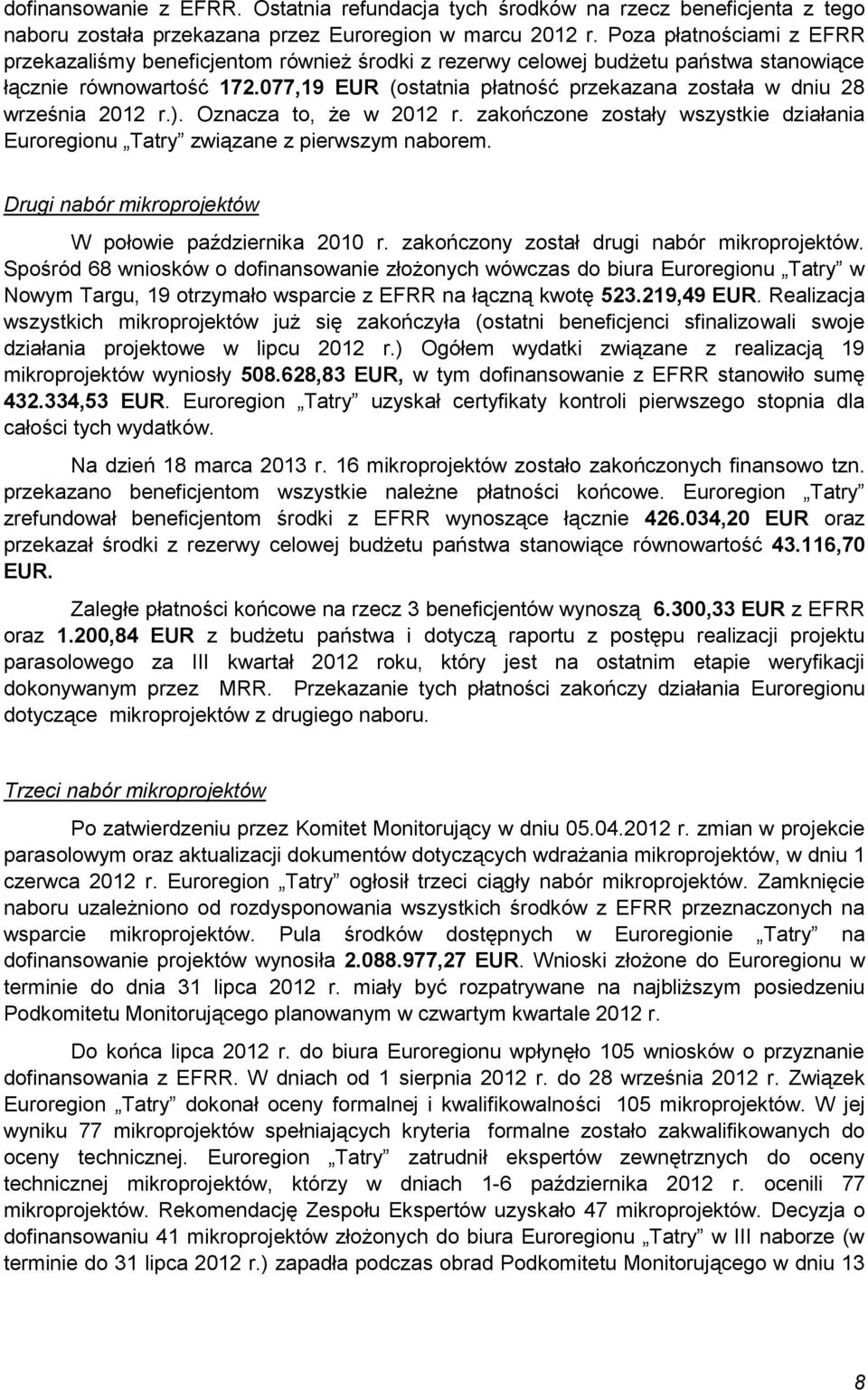 077,19 EUR (ostatnia płatność przekazana została w dniu 28 września 2012 r.). Oznacza to, że w 2012 r. zakończone zostały wszystkie działania Euroregionu Tatry związane z pierwszym naborem.